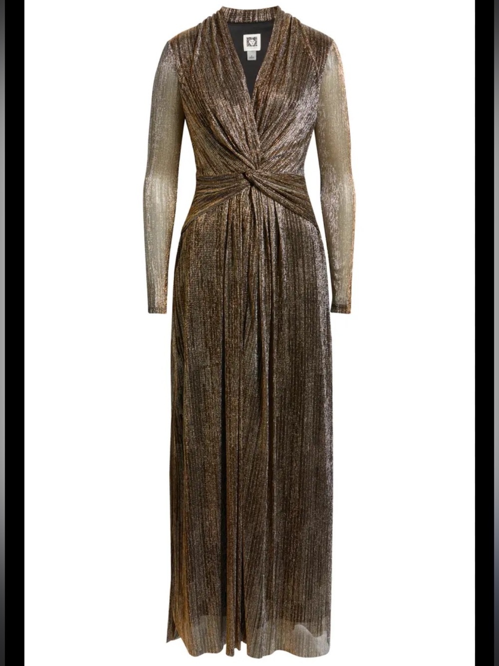 Anne Klein Metallic Twist-Front Long Sleeve Maxi Dress - Gold & Black